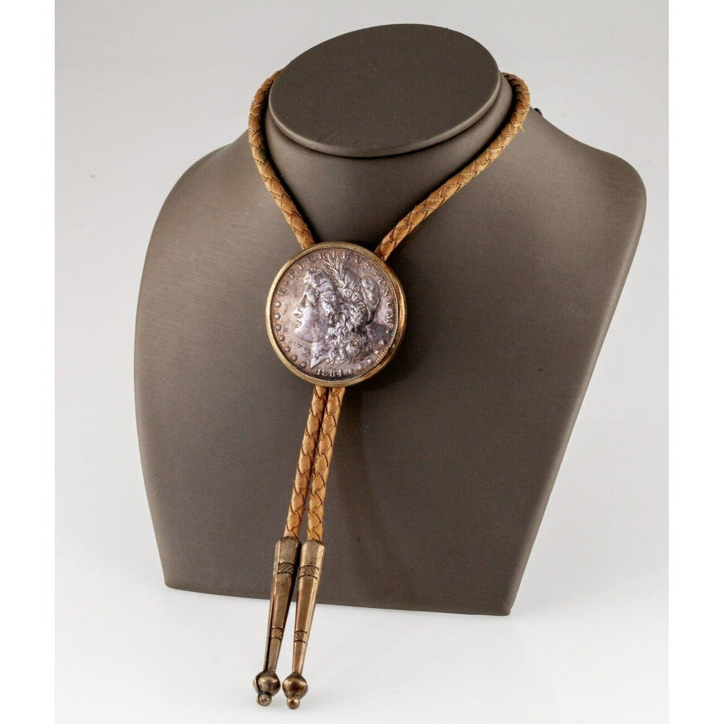 Morgan Dollar Bolo Tie with Braided Tan Leather and Aglets