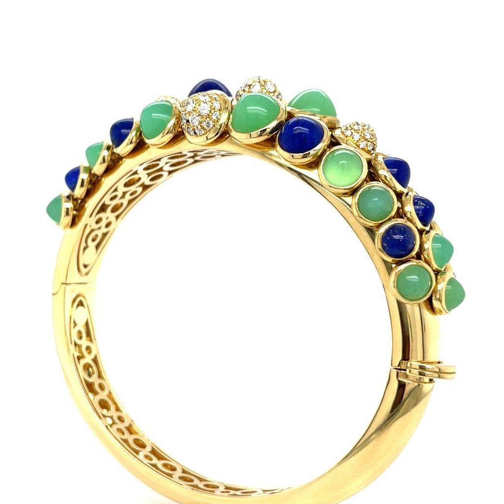 18K Yellow Gold Cactus Bangle w/ Articulating Lapis, Chrysoprase, and Diamond