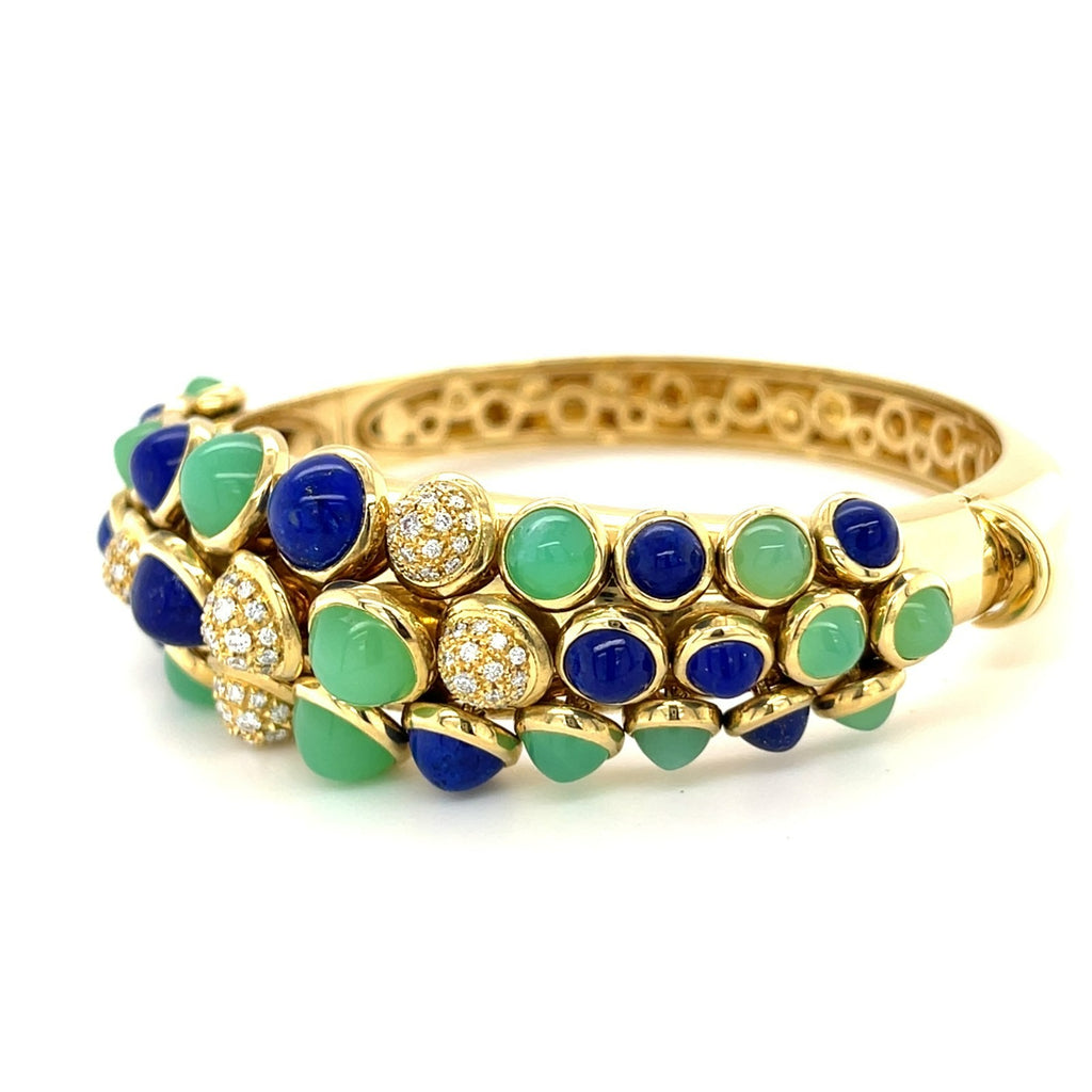 18K Yellow Gold Cactus Bangle w/ Articulating Lapis, Chrysoprase, and Diamond
