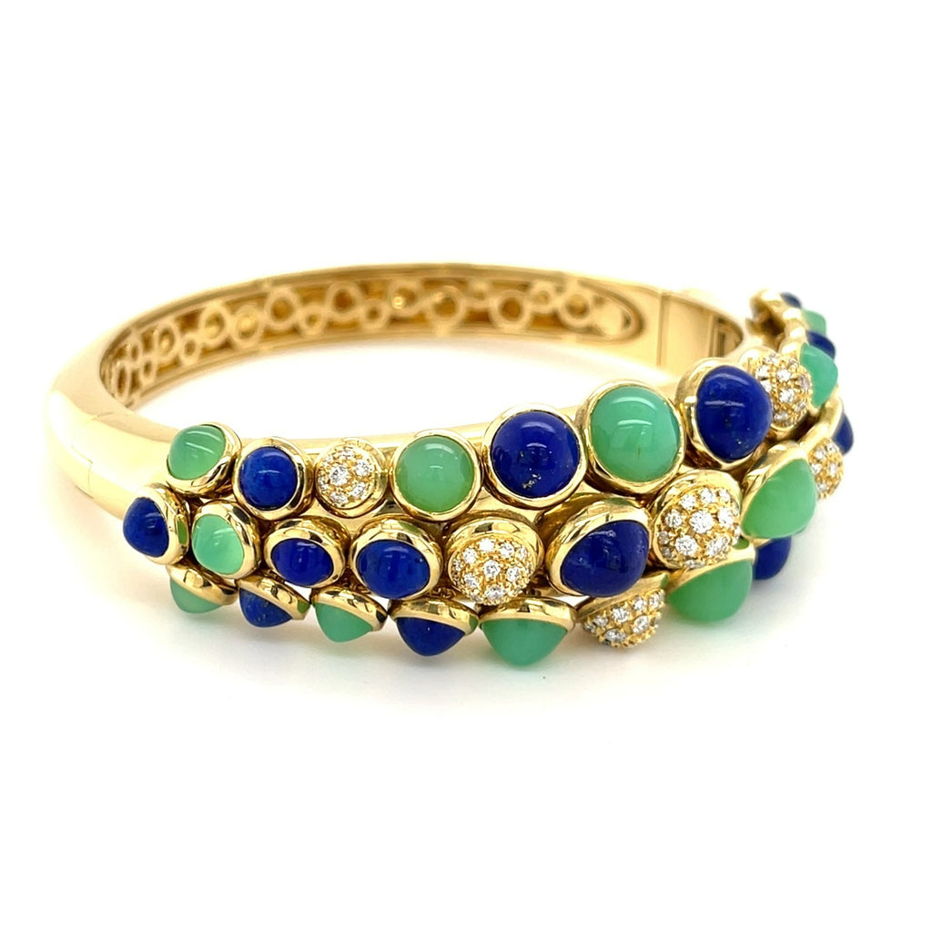 18K Yellow Gold Cactus Bangle w/ Articulating Lapis, Chrysoprase, and Diamond