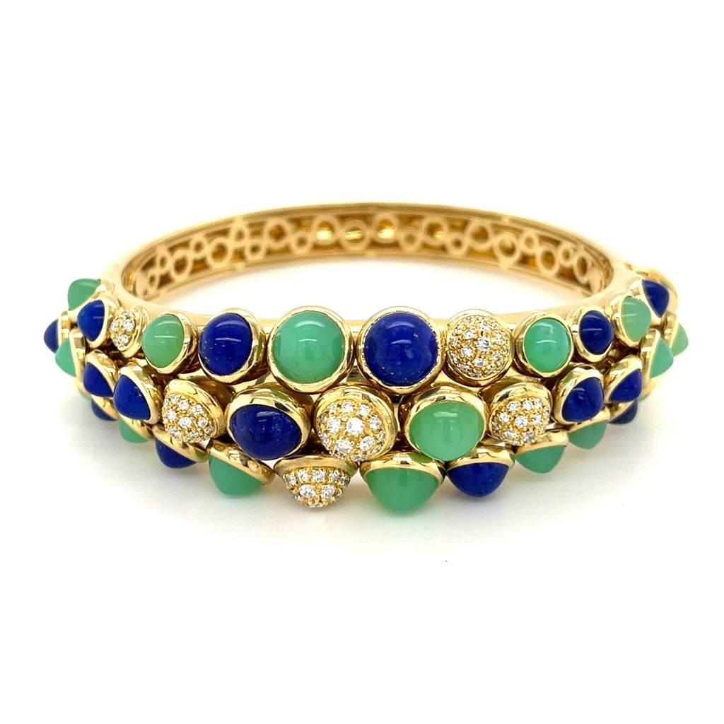 18K Yellow Gold Cactus Bangle w/ Articulating Lapis, Chrysoprase, and Diamond