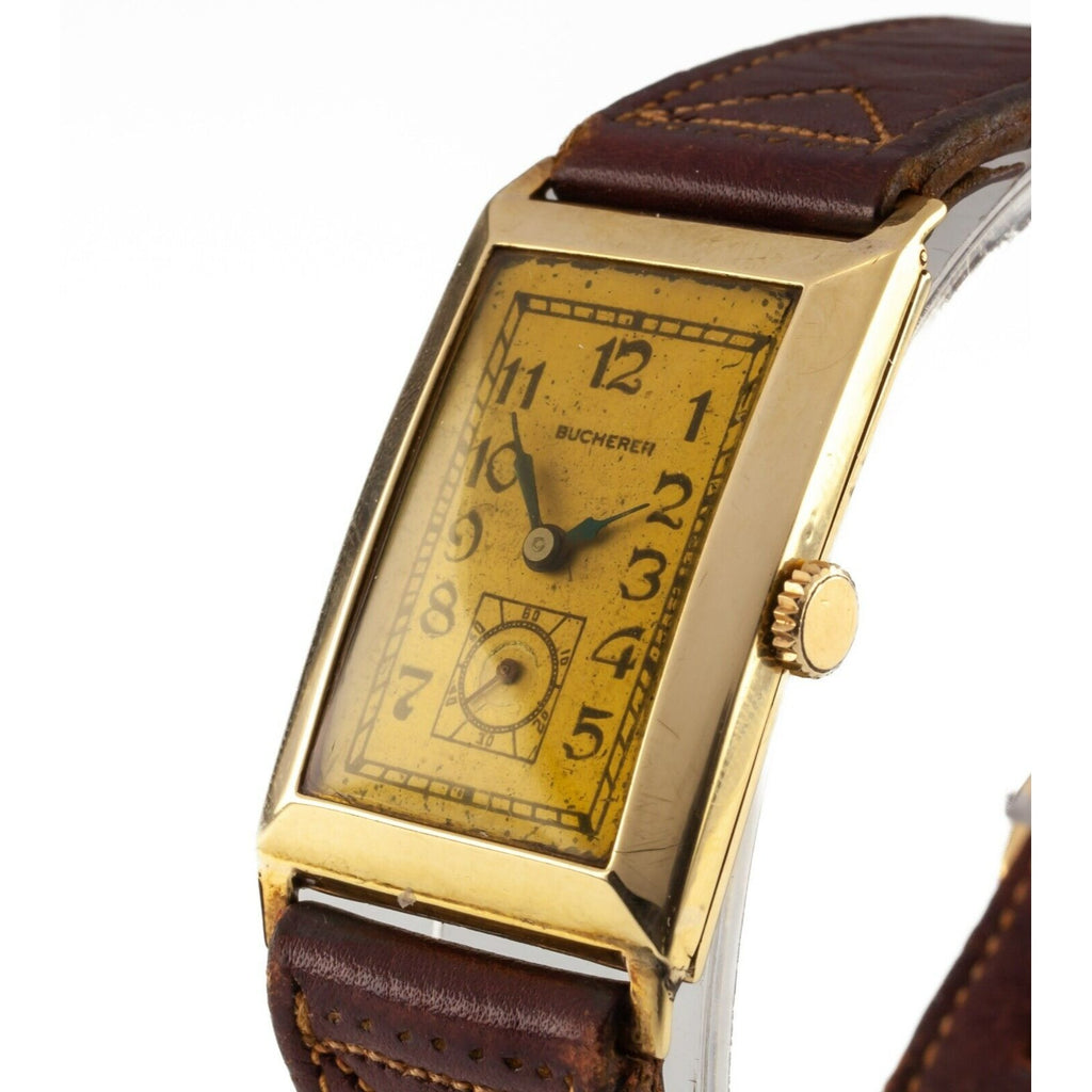 Bucherer 14k Gold Antique Art Deco Rectangular Hand-Winding Wrist Watch Mvmt 500