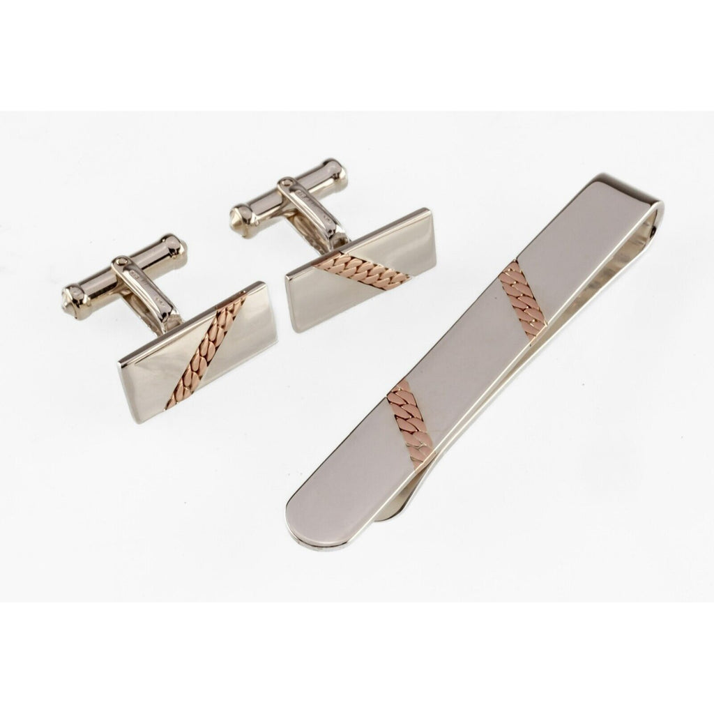 BA Ballou Sterling Silver and 14k Rose Gold Tie Bar and Cufflink Set
