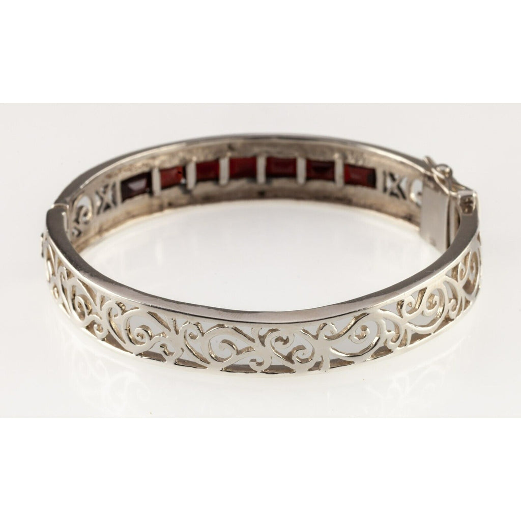 Sterling Silver Thai Bangle with Bezel Set Garnets and Marcasite Accents