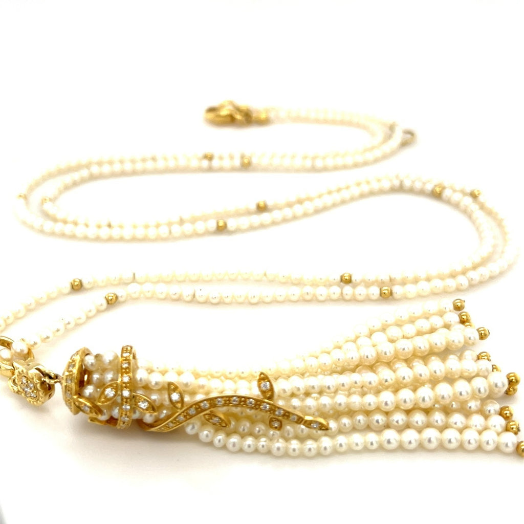 18K Yellow Gold Seed Pearl Tassel Pendant Enhancer 0.50 CT Diamonds 30” Strand