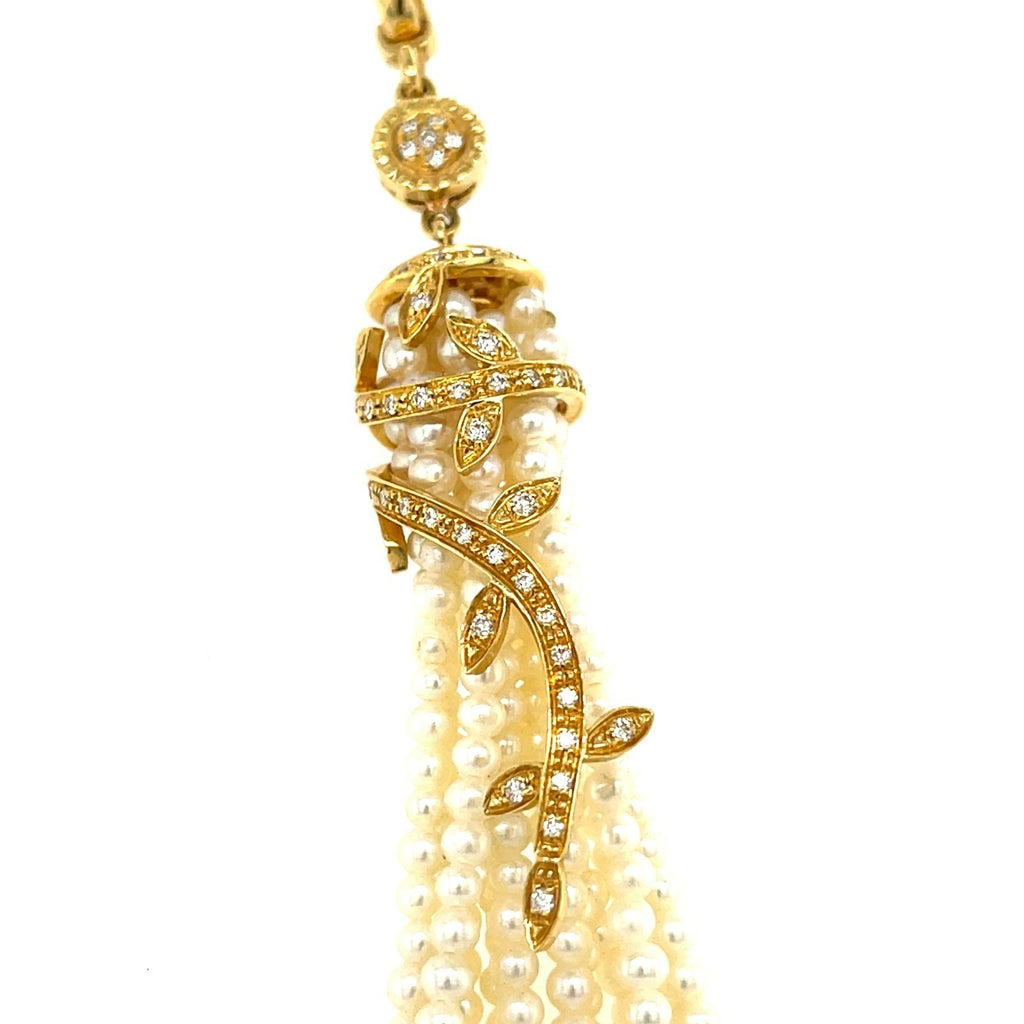 18K Yellow Gold Seed Pearl Tassel Pendant Enhancer 0.50 CT Diamonds 30” Strand