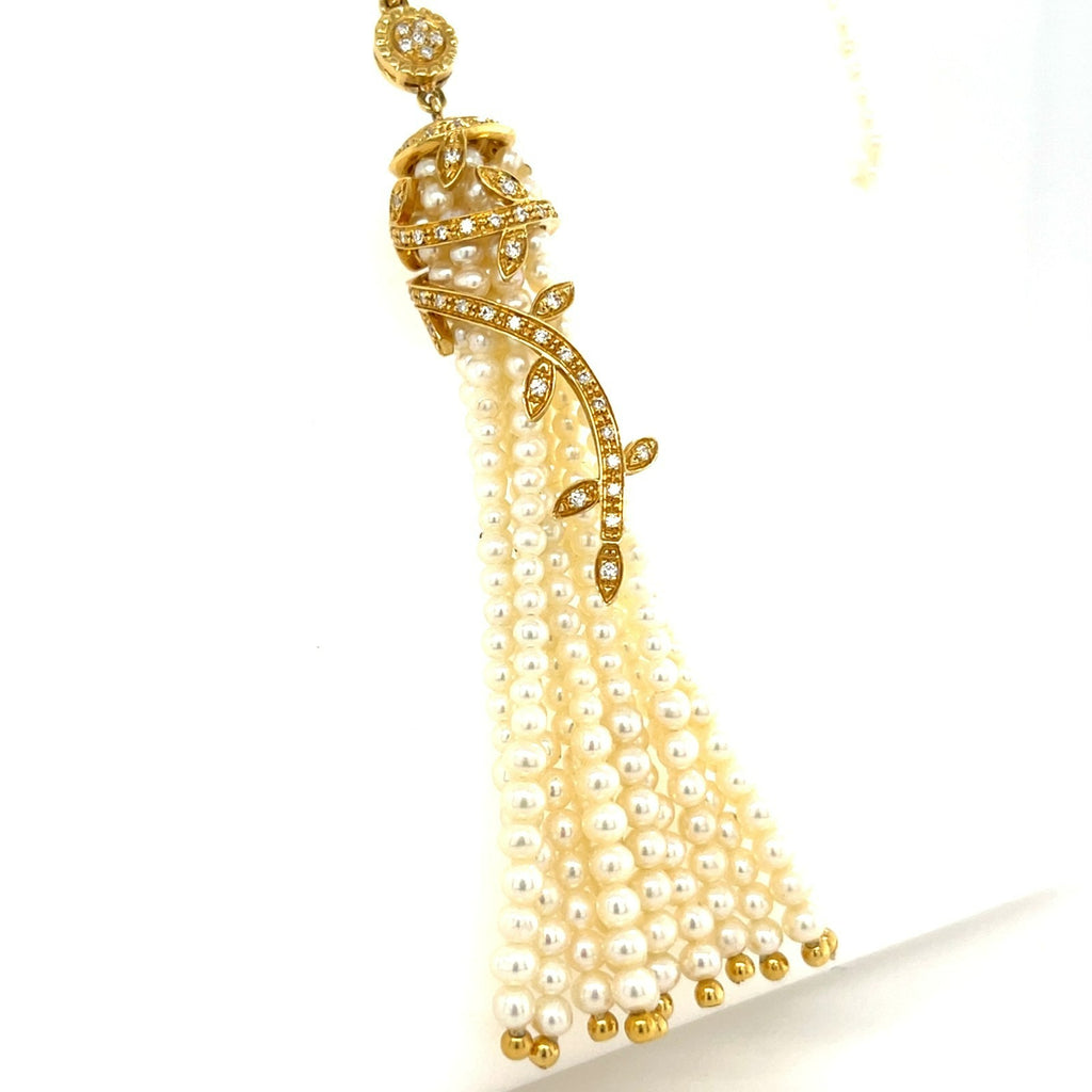 18K Yellow Gold Seed Pearl Tassel Pendant Enhancer 0.50 CT Diamonds 30” Strand
