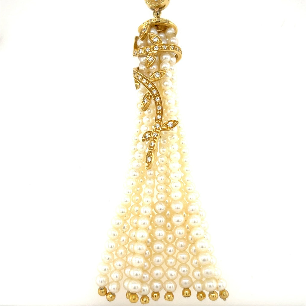 18K Yellow Gold Seed Pearl Tassel Pendant Enhancer 0.50 CT Diamonds 30” Strand