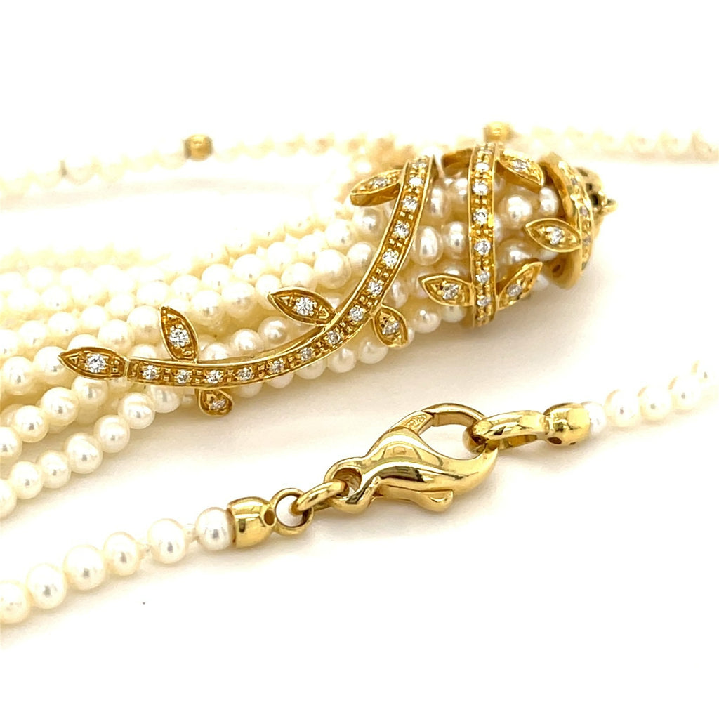 18K Yellow Gold Seed Pearl Tassel Pendant Enhancer 0.50 CT Diamonds 30” Strand