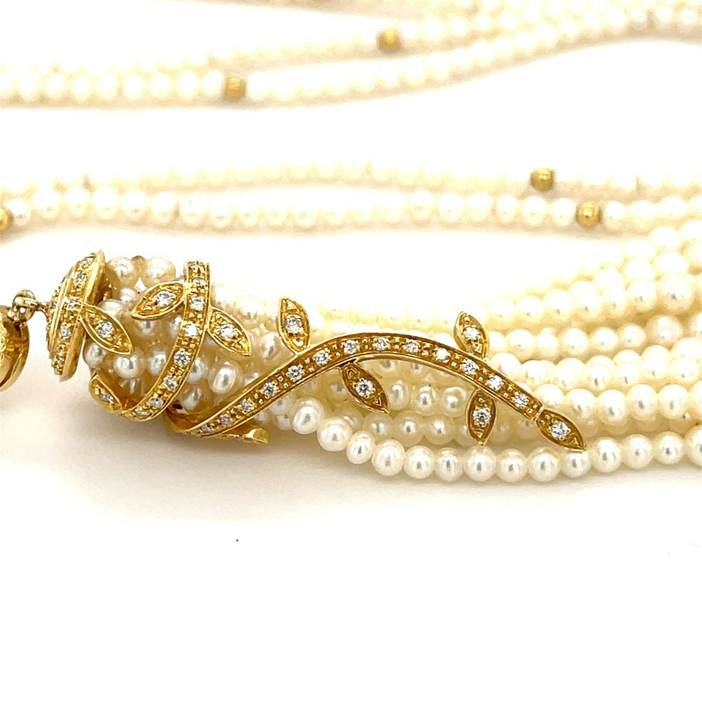 18K Yellow Gold Seed Pearl Tassel Pendant Enhancer 0.50 CT Diamonds 30” Strand