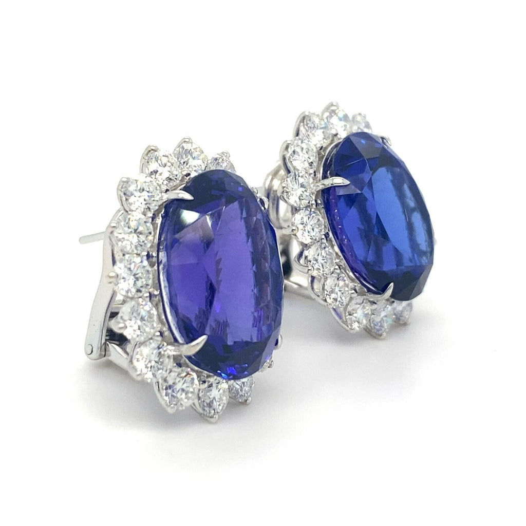 18k White Gold 31.54ct Oval Tanzanite & 5.09ct Diamond Huggie Earrings