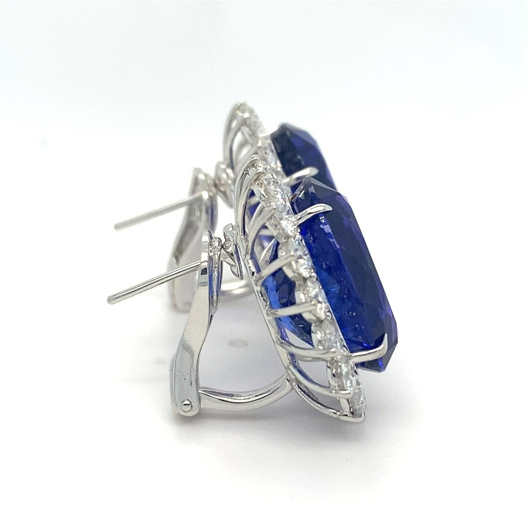 18k White Gold 31.54ct Oval Tanzanite & 5.09ct Diamond Huggie Earrings