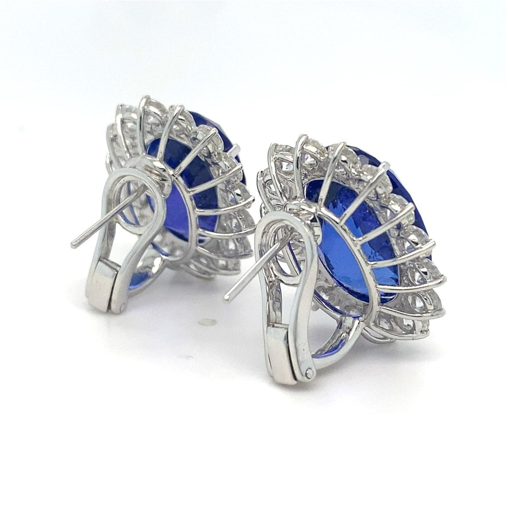 18k White Gold 31.54ct Oval Tanzanite & 5.09ct Diamond Huggie Earrings