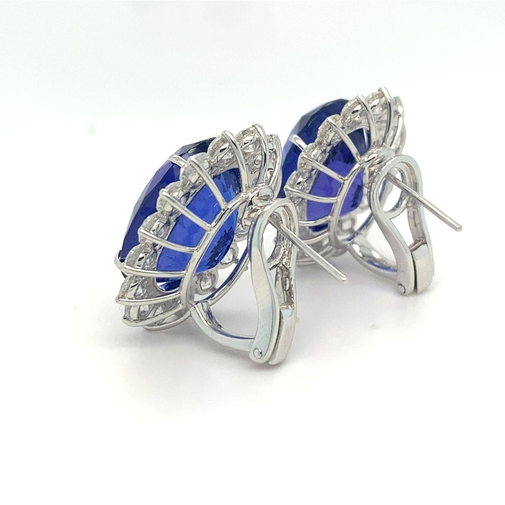 18k White Gold 31.54ct Oval Tanzanite & 5.09ct Diamond Huggie Earrings