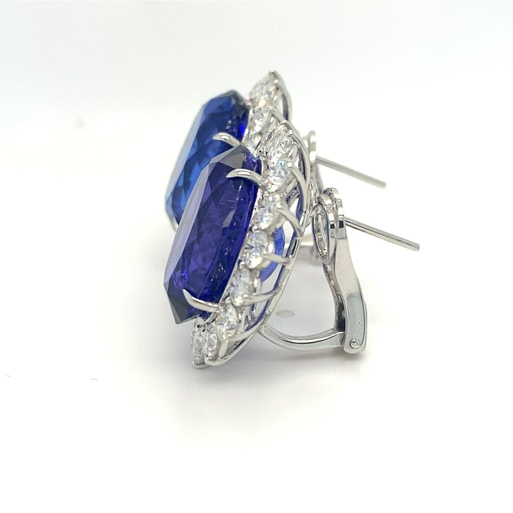 18k White Gold 31.54ct Oval Tanzanite & 5.09ct Diamond Huggie Earrings