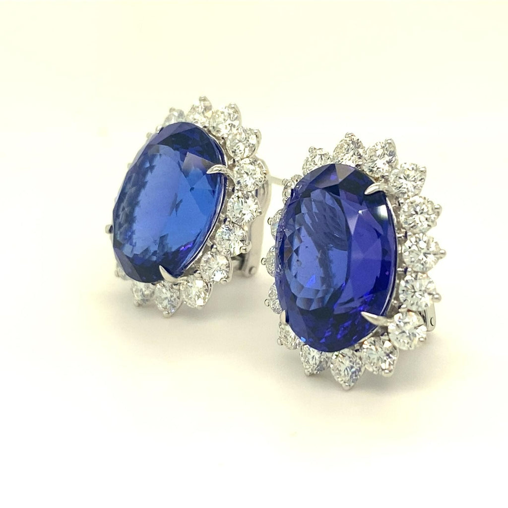 18k White Gold 31.54ct Oval Tanzanite & 5.09ct Diamond Huggie Earrings