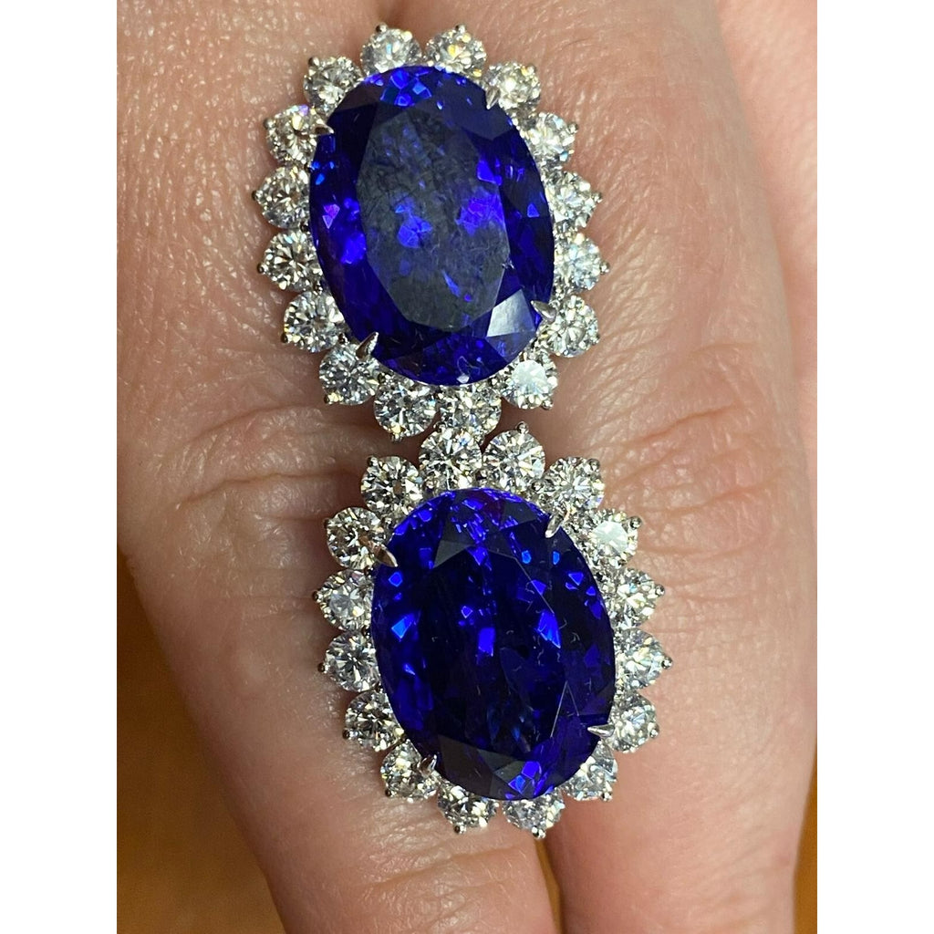 18k White Gold 31.54ct Oval Tanzanite & 5.09ct Diamond Huggie Earrings