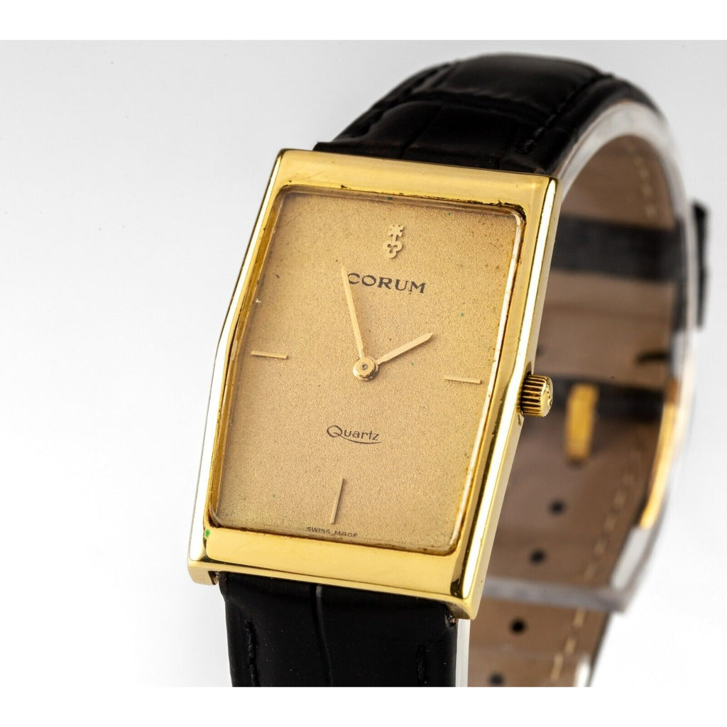Corum 18k Yellow Gold Vintage Watch Quartz Movement & Black Leather Strap 44107