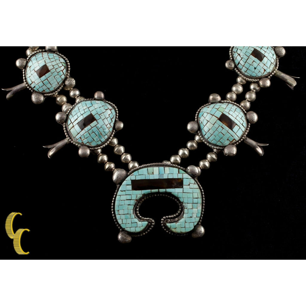 Navajo Sterling Silver Turquoise & Brown Shell Mosaic Squash Blossom Necklace