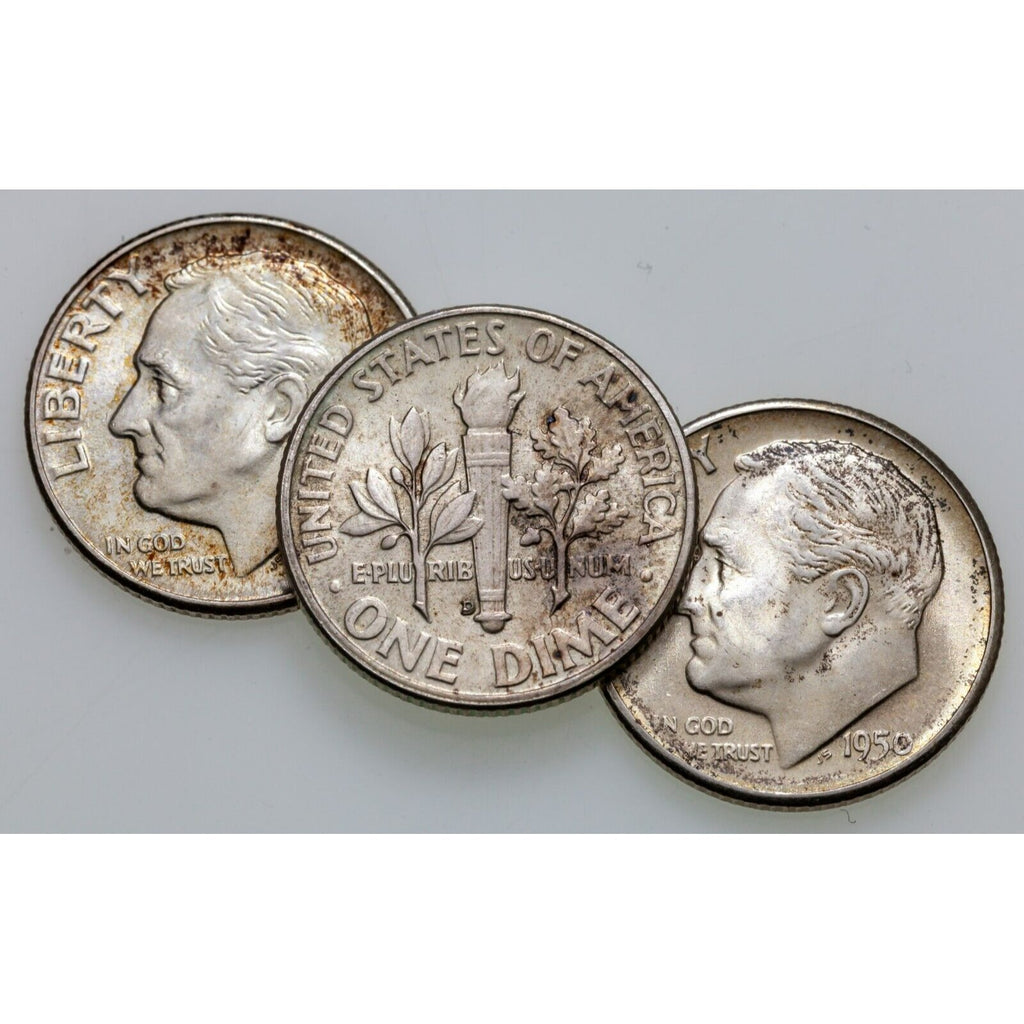 Lot of 3 Roosevelt Dimes (1950-P,D,S) in Choice BU Condition, Mostly White