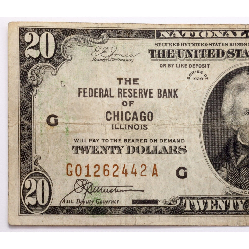 1929 $20 National Currency Chicago Note Fine Condition FR #1870-G