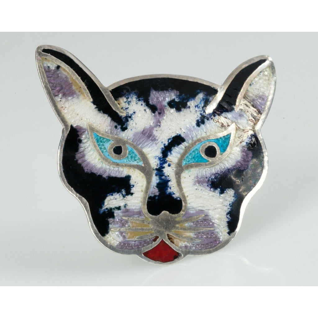 Jeronimo Fuentes Sterling Silver & Enamel Cat Pin Brooch Made In Mexico