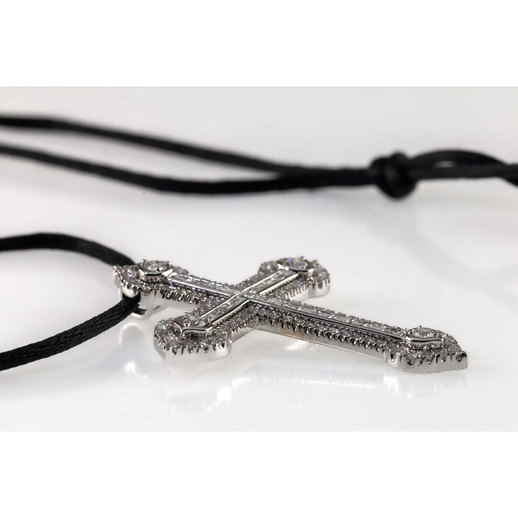 18k White Gold 3 Carat Diamond Cross Pendant on Black Silk Cord