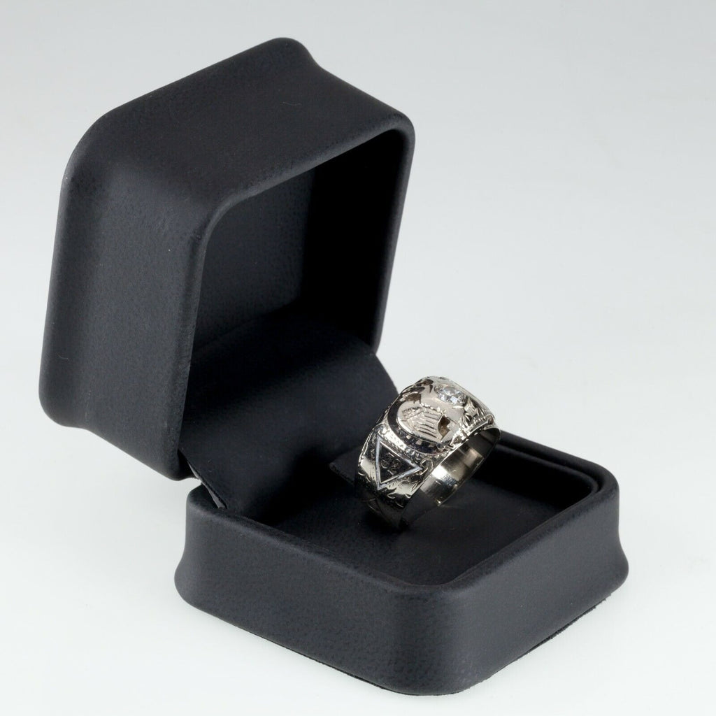 14k White Gold 32nd Degree Mason Eagle Diamond Ring with Enamel Size 11.5