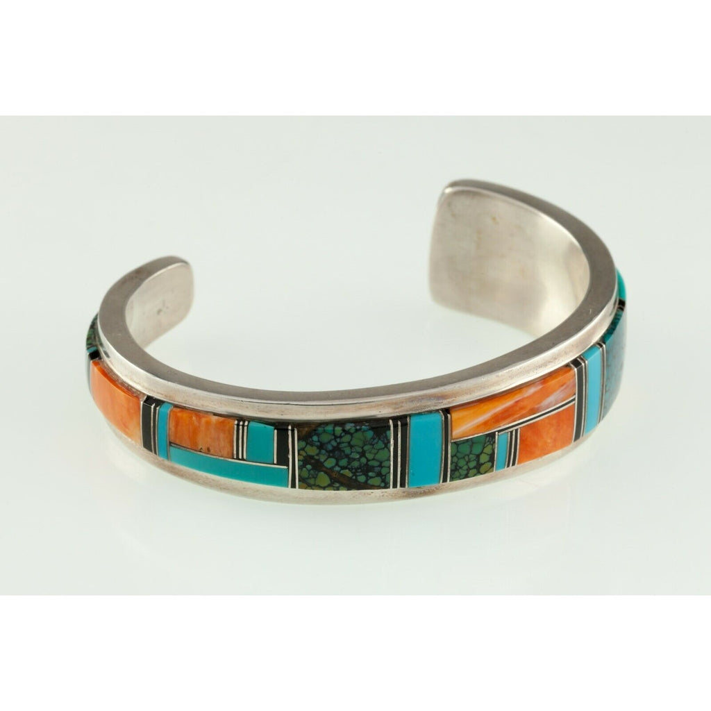 Navajo Harry B. Yazzie Inlay Cuff Bracelet w/Turquoise, Coral, Jet 50.2gr