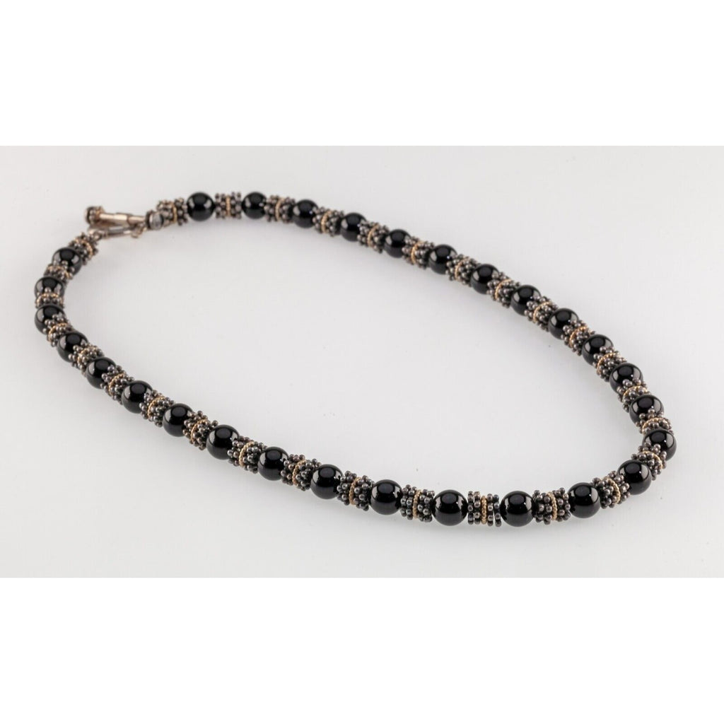 Sterling Silver Fancy Bead and Onyx Bead Strand Necklace with Toggle Clasp 19"