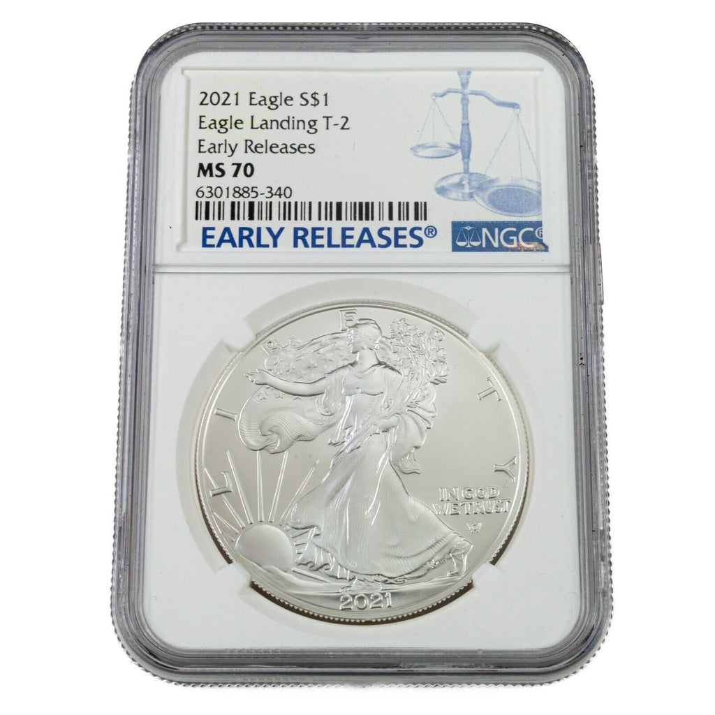 2021 $1 Silver Eagle Graded by NGC as MS70 Early Releases T-2 Eagle Landing