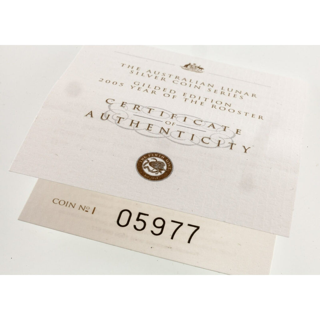 2005 Australian Lunar Series Year of the Rooster Gilded Silver Coin Box CoA