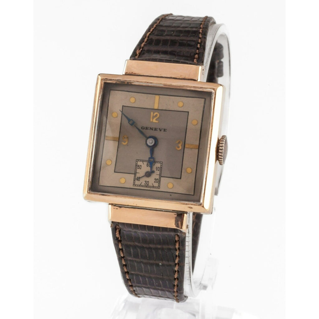 Geneve Men's Art Deco Rose Gold Filled Hand-Winding Watch w/ Leather Band