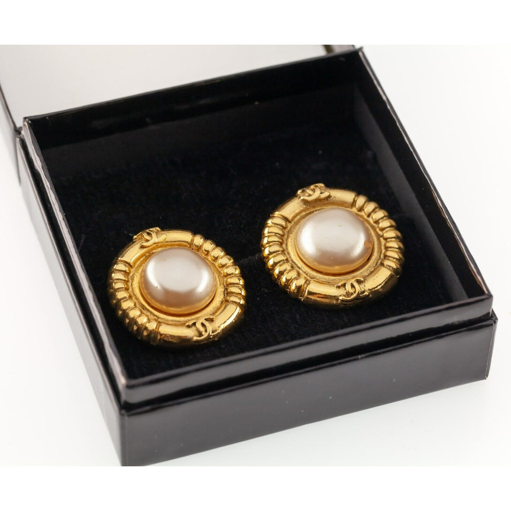 Chanel Costume Clip-On Gold-Plated Pearl Earrings w/ Original Box