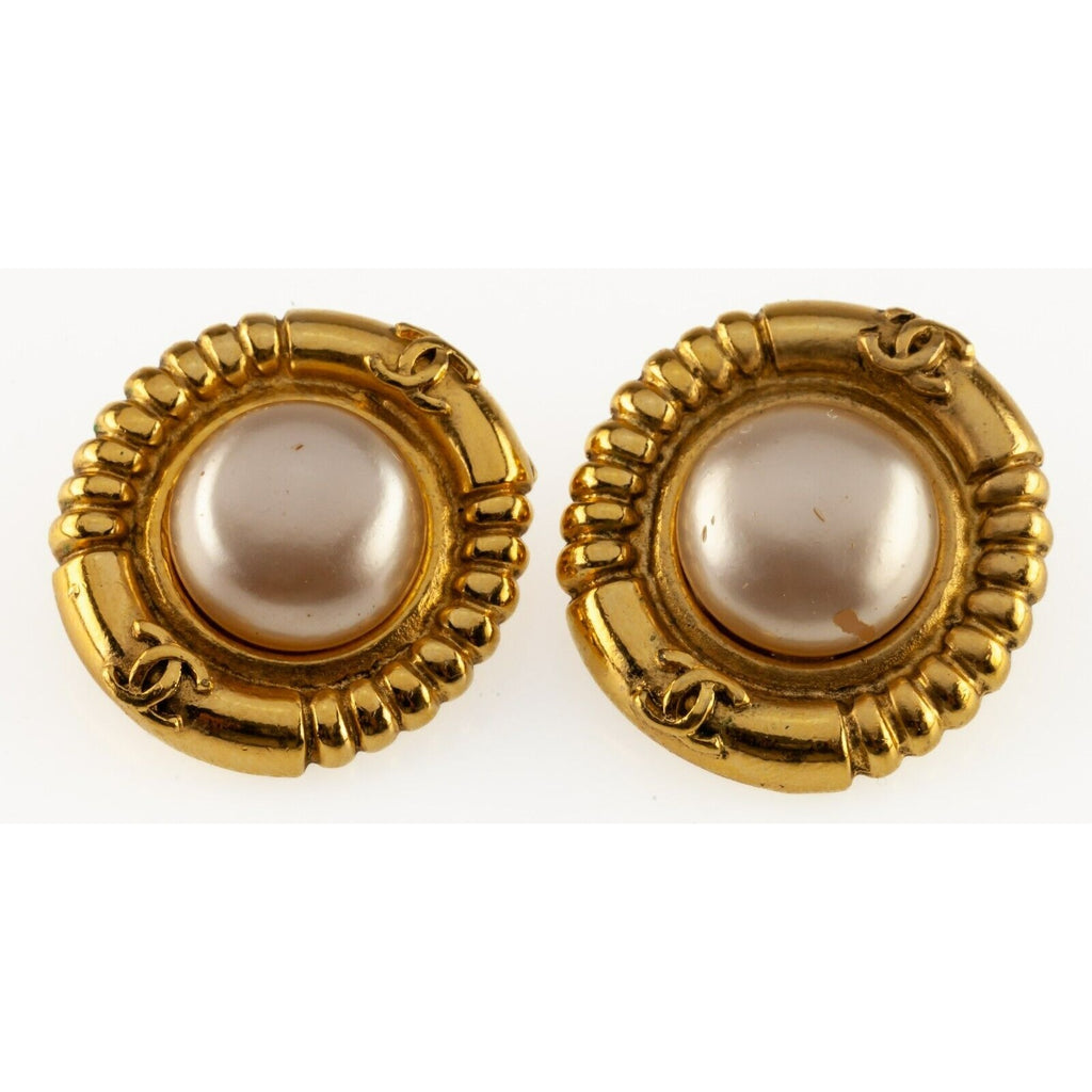 Chanel Costume Clip-On Gold-Plated Pearl Earrings w/ Original Box