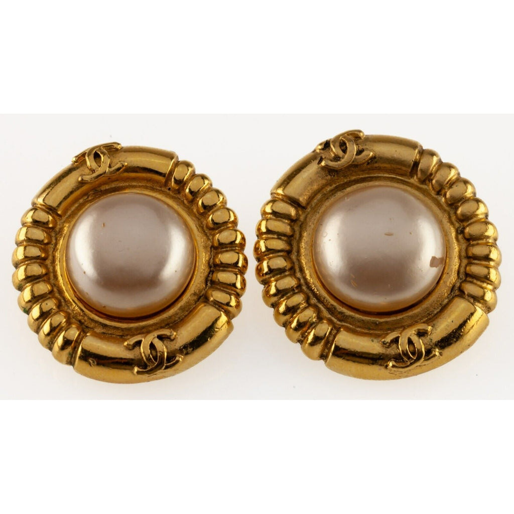 Chanel Costume Clip-On Gold-Plated Pearl Earrings w/ Original Box