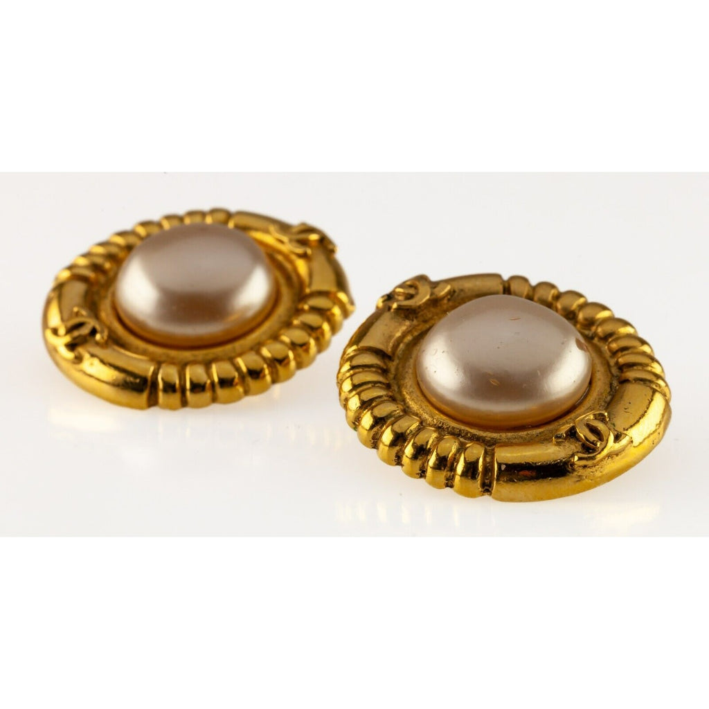 Chanel Costume Clip-On Gold-Plated Pearl Earrings w/ Original Box