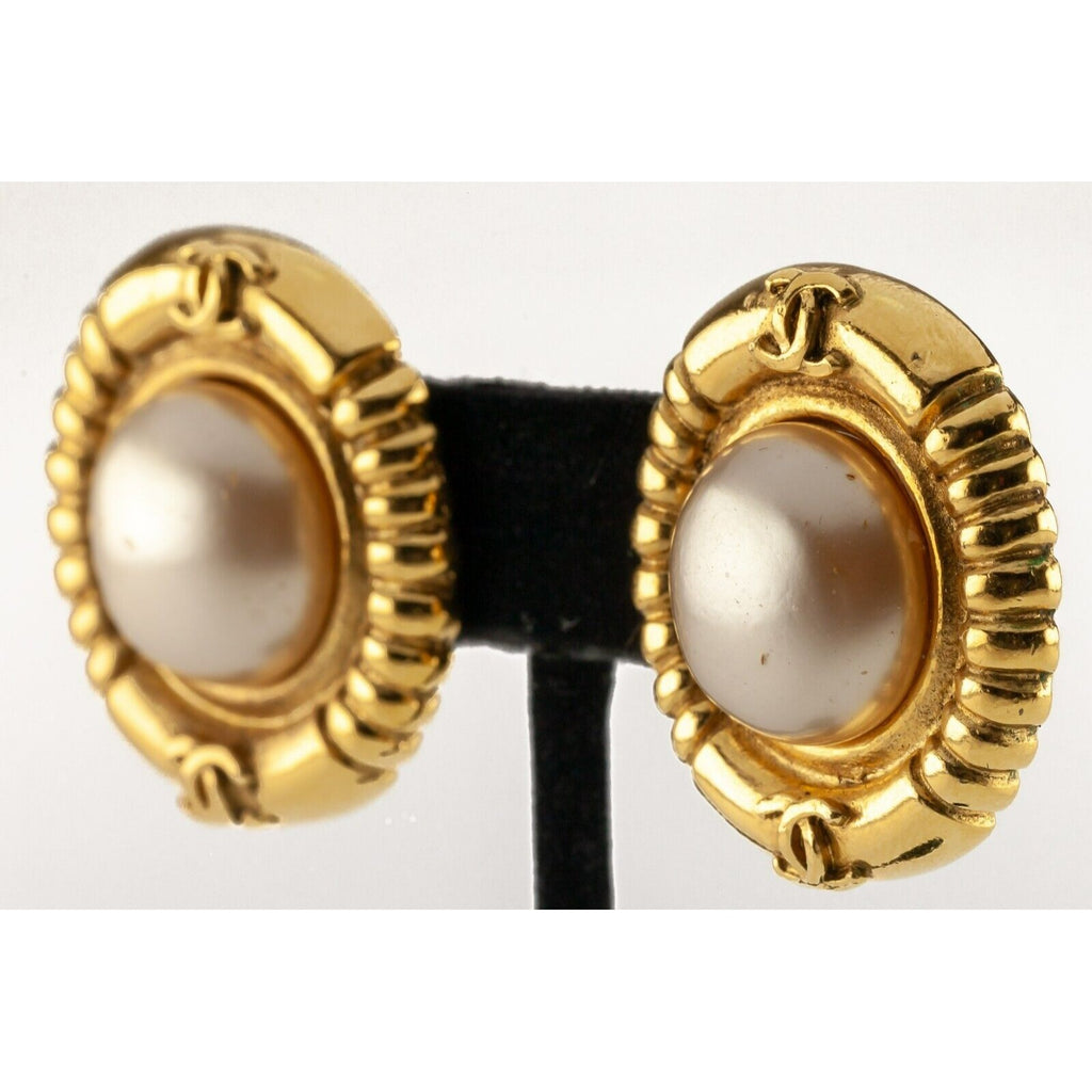 Chanel Costume Clip-On Gold-Plated Pearl Earrings w/ Original Box