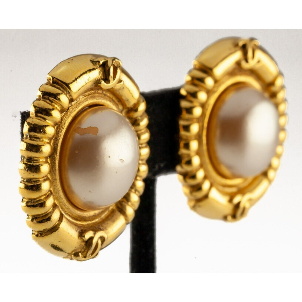 Chanel Costume Clip-On Gold-Plated Pearl Earrings w/ Original Box