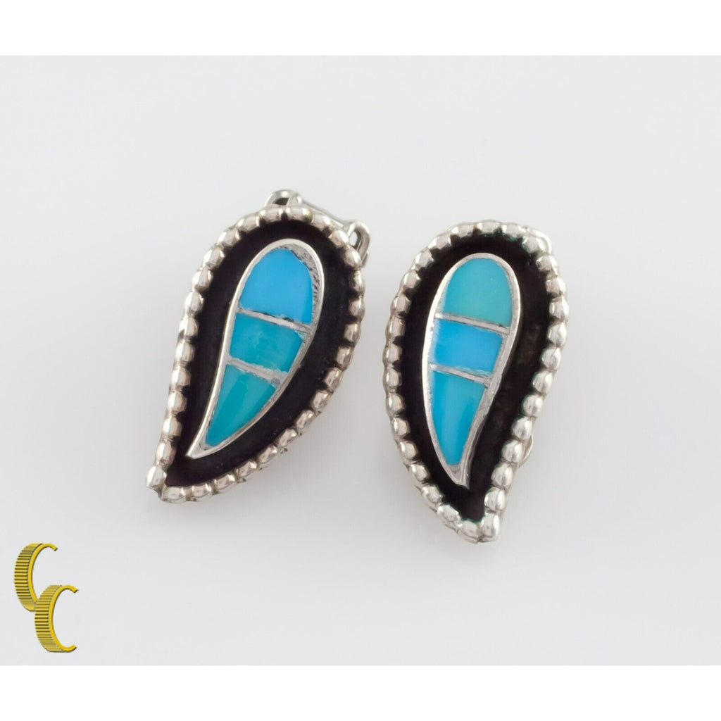 Sterling Silver Turquoise Inlay Tear Drop Clip-On Earrings Beautiful!