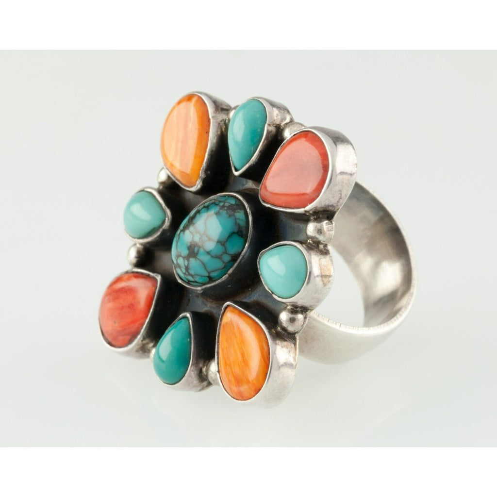 Handmade Turquoise & Orange Spiny Oyster Cluster Sterling Ring Signed!