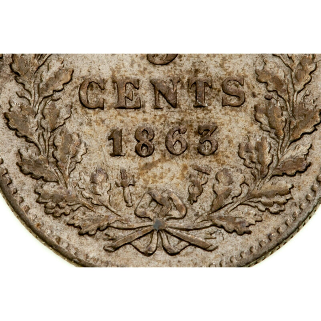 1863 Netherlands 5 Cents Coin in Extra Fine (XF) Condition KM 91