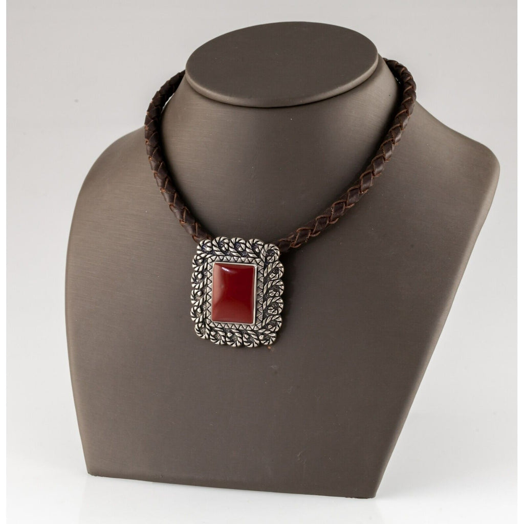 Carolyn Pollack Sterling Silver Carnelian Pendant Necklace on Braided Leather