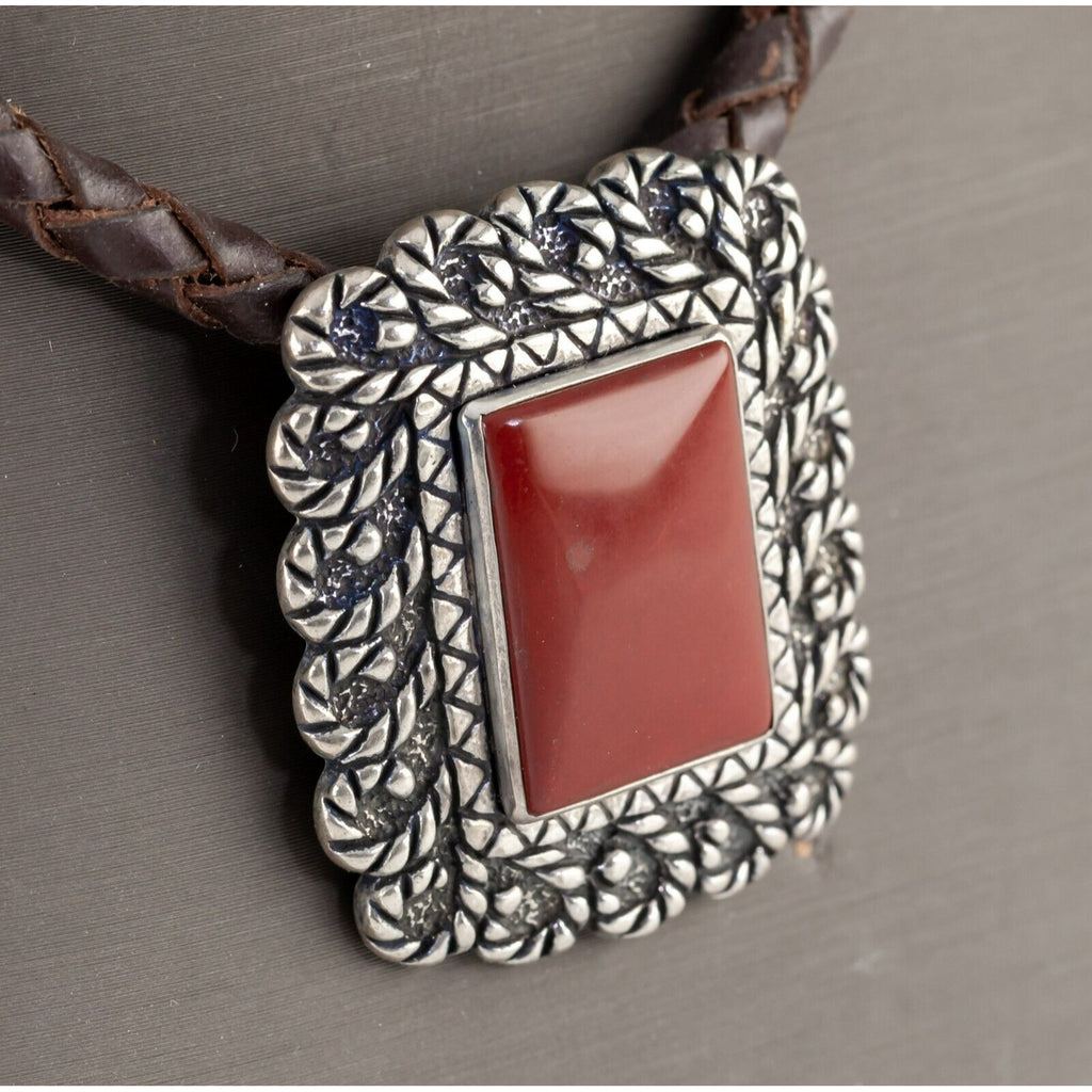 Carolyn Pollack Sterling Silver Carnelian Pendant Necklace on Braided Leather