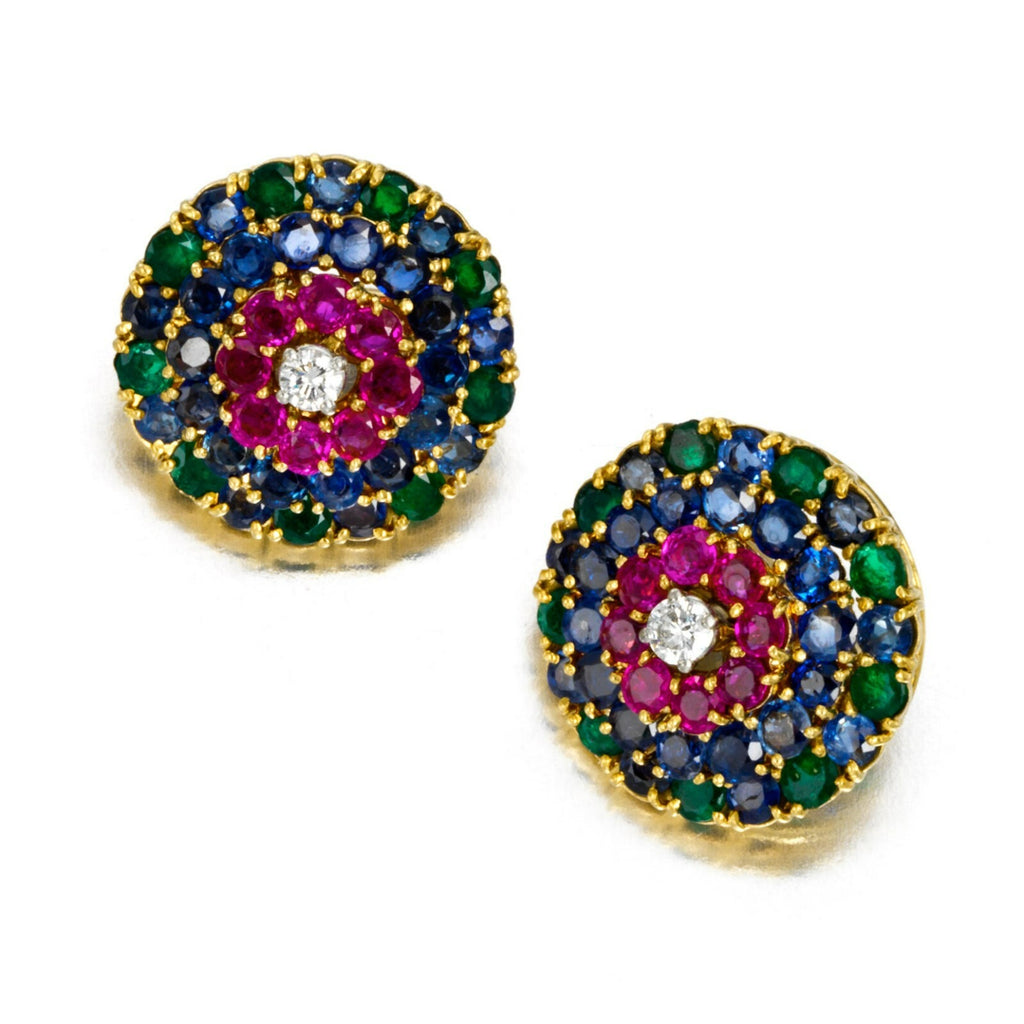 Cartier 18k Yellow Gold Ruby, Sapphire, Emerald, and Diamond Huggie Ear Clips