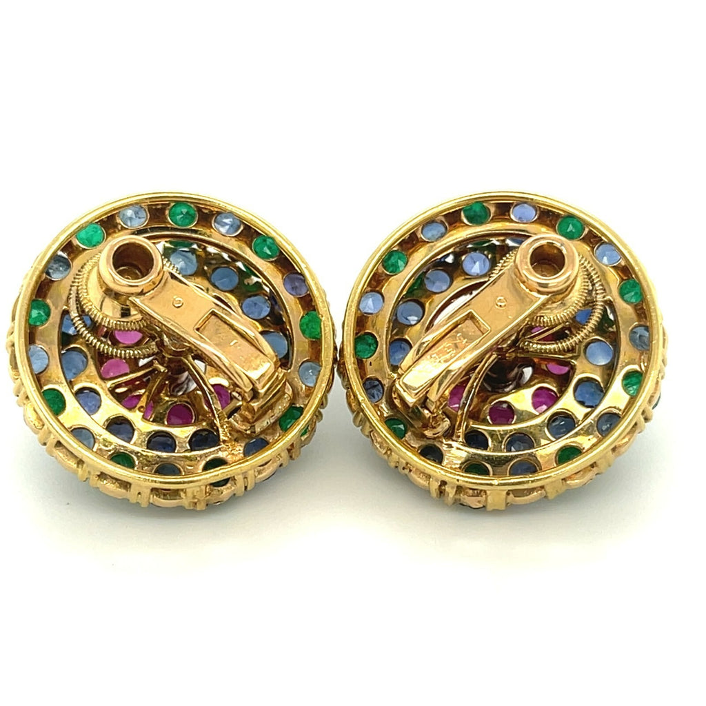 Cartier 18k Yellow Gold Ruby, Sapphire, Emerald, and Diamond Huggie Ear Clips