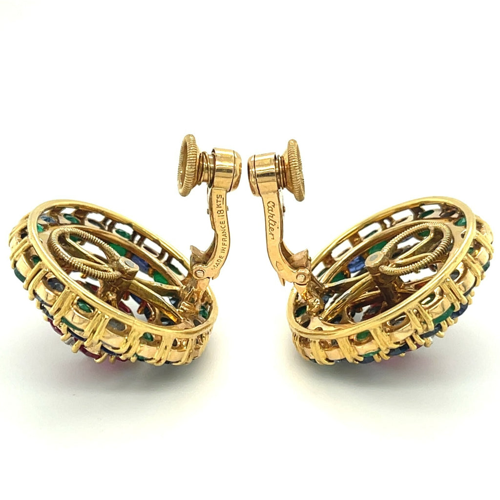 Cartier 18k Yellow Gold Ruby, Sapphire, Emerald, and Diamond Huggie Ear Clips