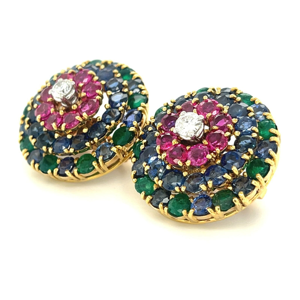 Cartier 18k Yellow Gold Ruby, Sapphire, Emerald, and Diamond Huggie Ear Clips