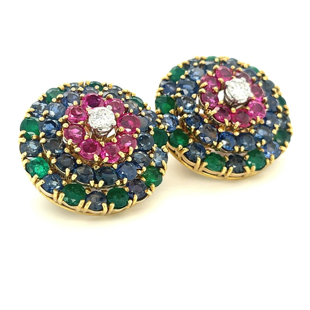 Cartier 18k Yellow Gold Ruby, Sapphire, Emerald, and Diamond Huggie Ear Clips