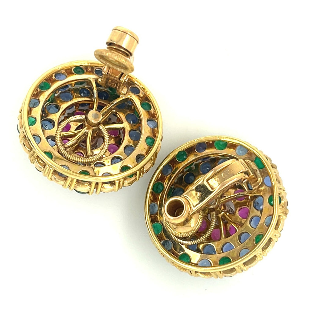 Cartier 18k Yellow Gold Ruby, Sapphire, Emerald, and Diamond Huggie Ear Clips